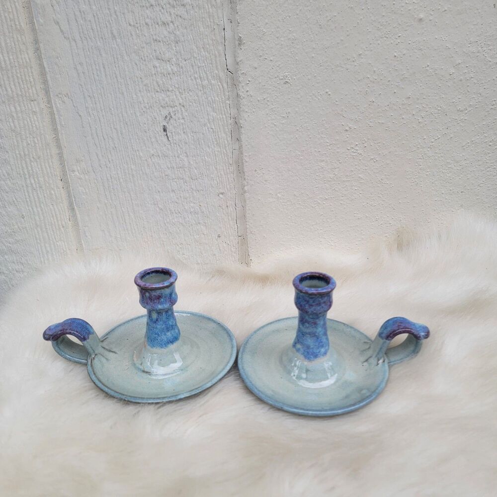 2 studio Pottery chamber stick candle holders signed Alewine Gatlinburg...